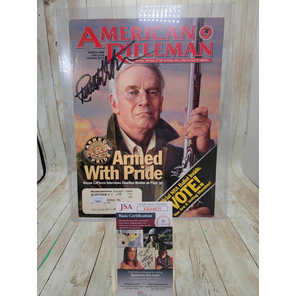 Charlton Heston Hand Signed AMERICAN RIFLEMAN Magazine Cover NRA & w/COA/JSA